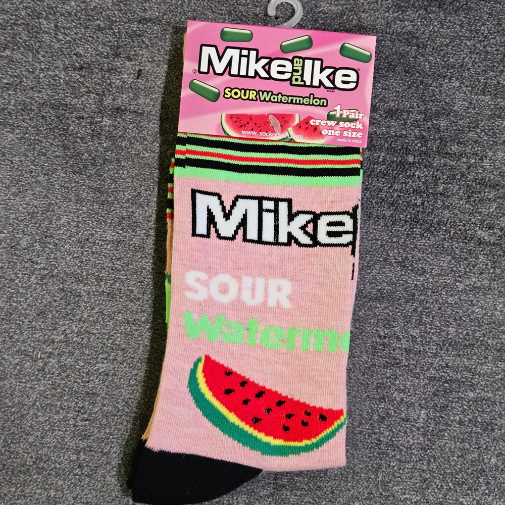 Mike and Ike Sour Watermelon Crew Socks Pink One Size Novelty Candy 1 Pair